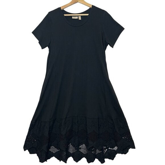 LOGO Lavish Lori Goldstein Women's Knit Dress Lace Hem Black Petite Medium New - Picture 2 of 11